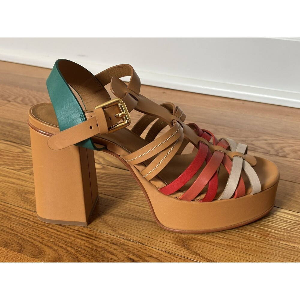 See By Chloe Sierra Platform Heels Sandals Irlanda Leather Brown Green Red 39 - Picture 7 of 16